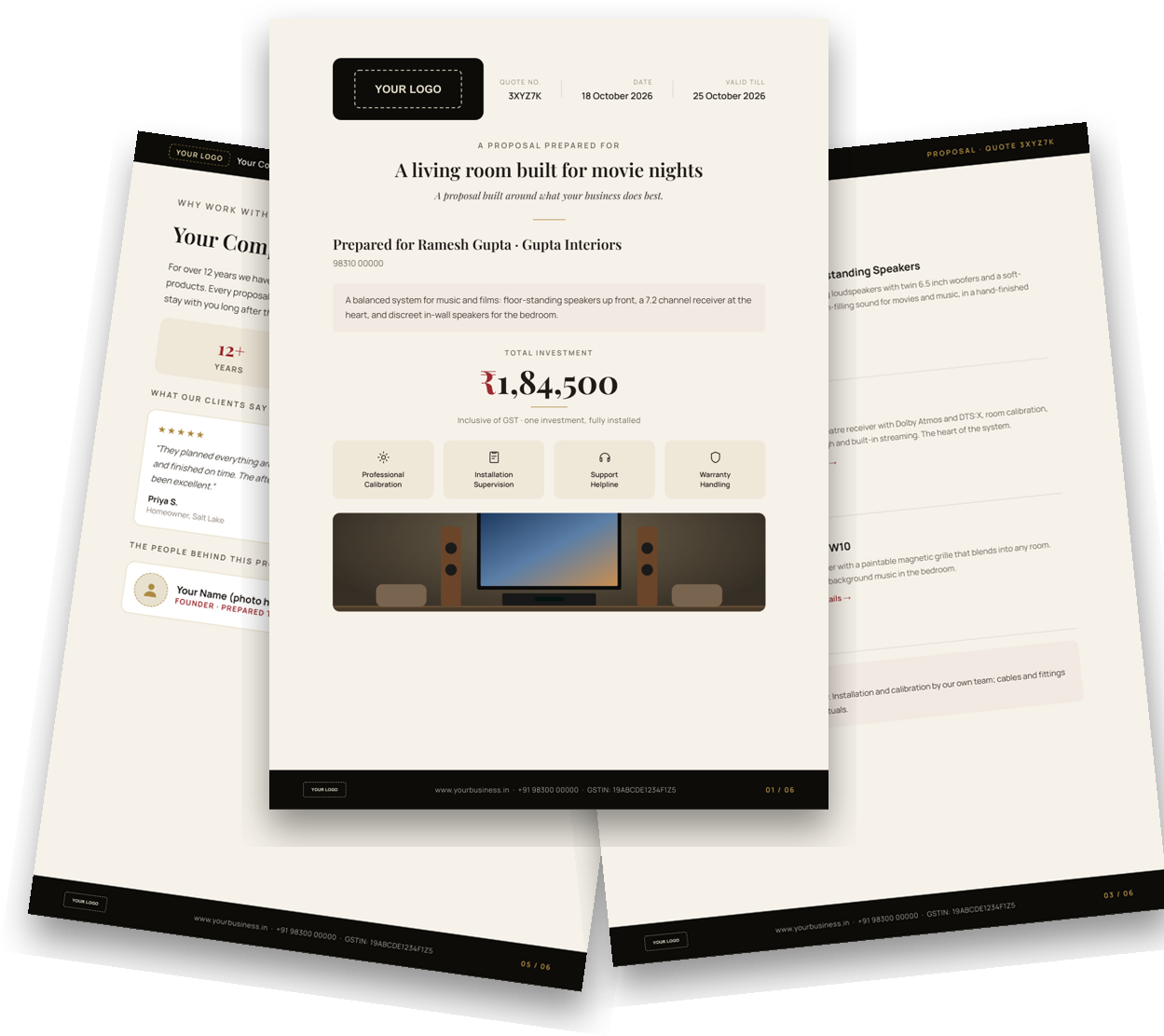 Sample branded multi-page quotation: cover, product appendix with images, testimonials