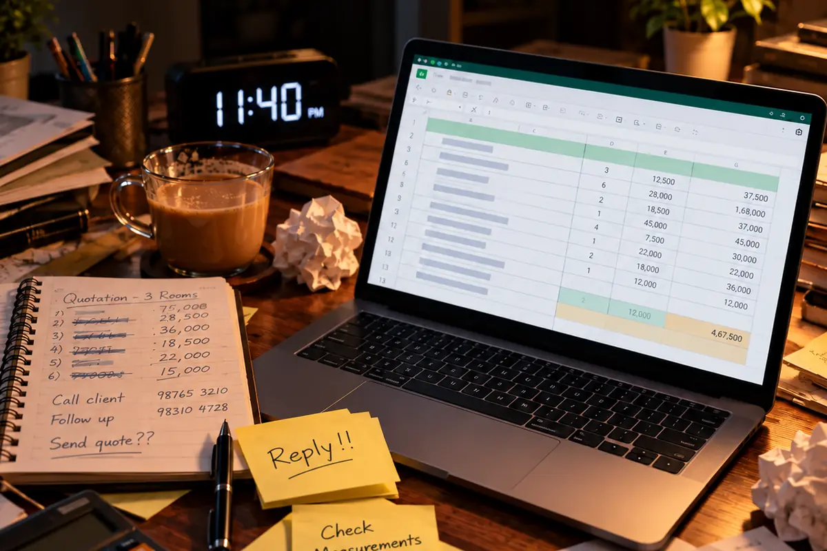 A desk at 11:40 PM with a laptop spreadsheet quotation, cold tea and handwritten figures