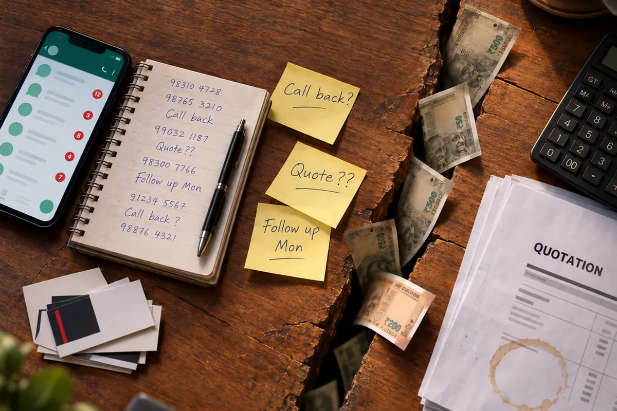 A cluttered desk with a phone, diary and sticky notes, and rupee notes slipping through a crack in the desk