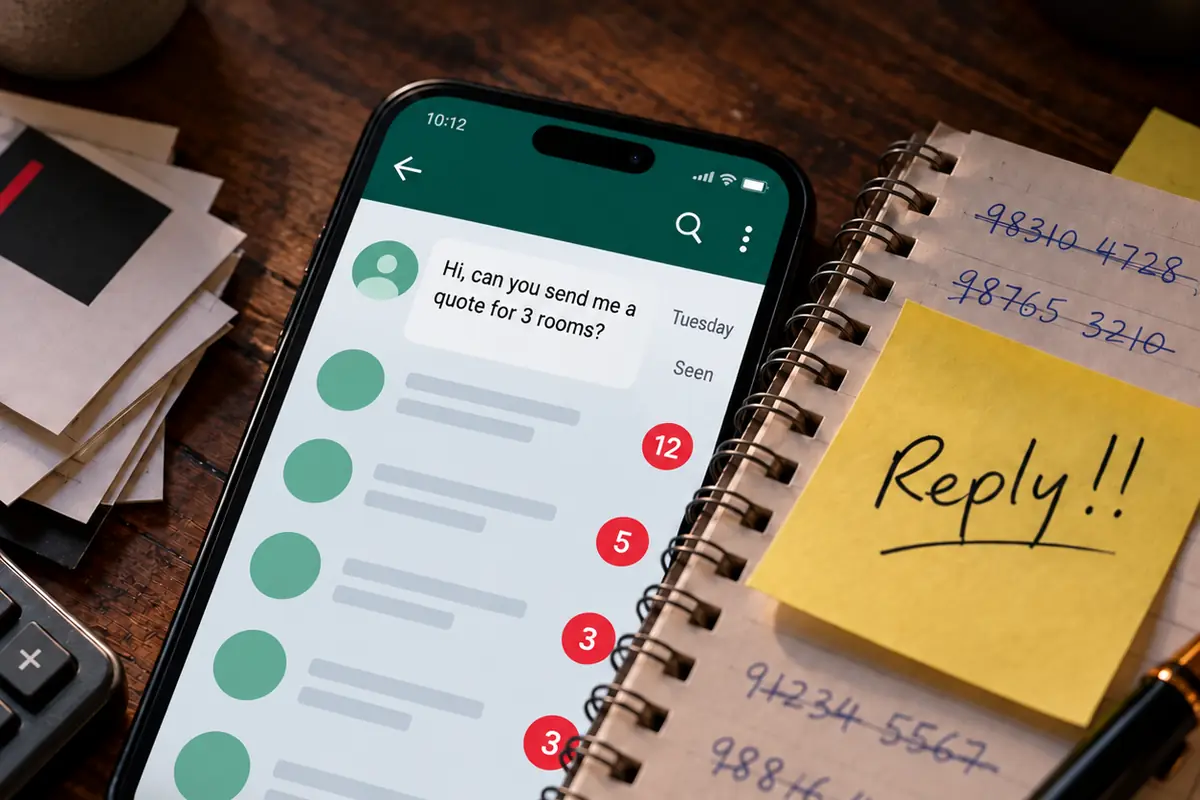 A phone showing a customer asking for a quote on Tuesday, marked Seen, next to a sticky note saying Reply